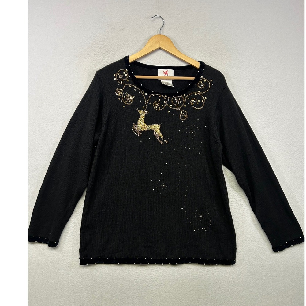 Holiday Glam Quacker Factory Womens Large Black Reindeer Sequin Velvet Sweater